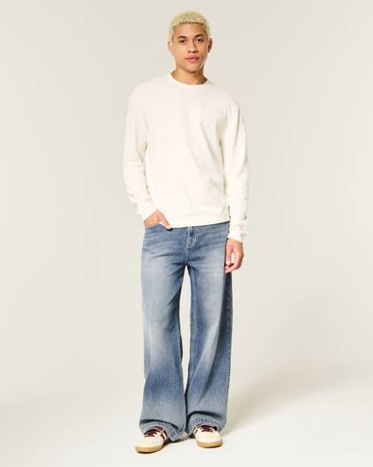 Medium Wash Logo Embroidery Super Baggy Jeans
