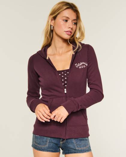 Hollister Feel Good Slim Zip-Up Logo Graphic Hoodie