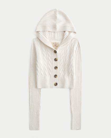 Shrunken Cable-Knit Hooded Cardigan