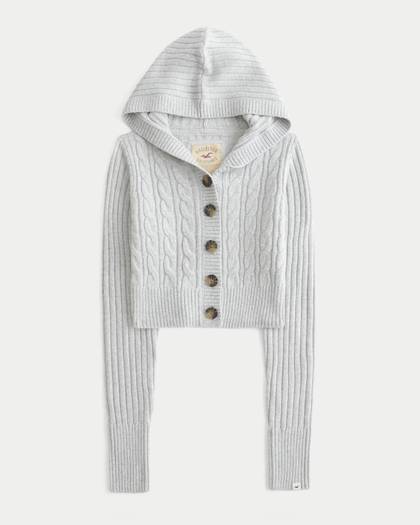 Shrunken Cable-Knit Hooded Cardigan