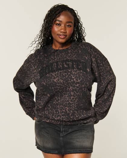 Hollister Feel Good Leopard Print Logo Graphic Crew Sweatshirt