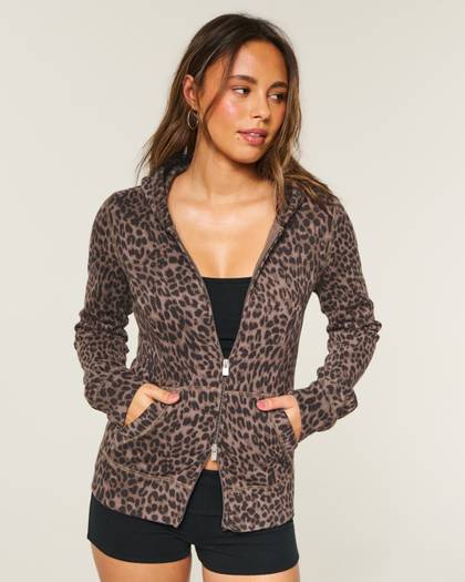 Hollister Feel Good Leopard Print Slim Zip-Up Hoodie