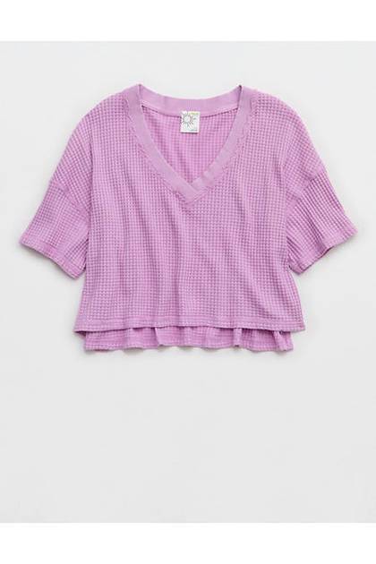 OFFLINE By Aerie Wow! Waffle V Neck Cropped Relaxed Short Sleeve T-Shirt Planet Pink
