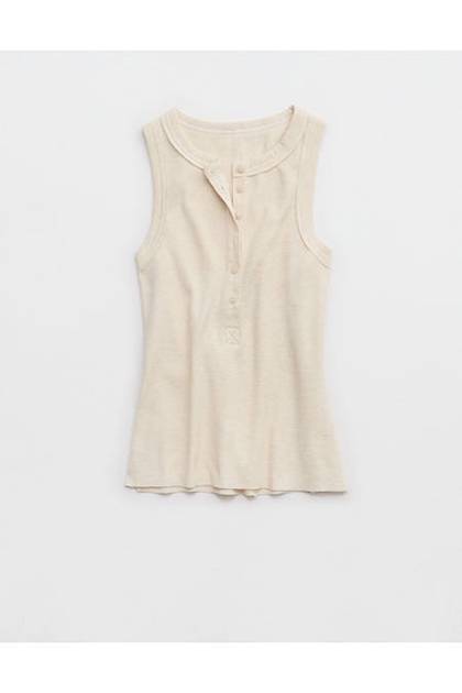 Aerie Unwind Waffle Henley Tank Top Heather Frost