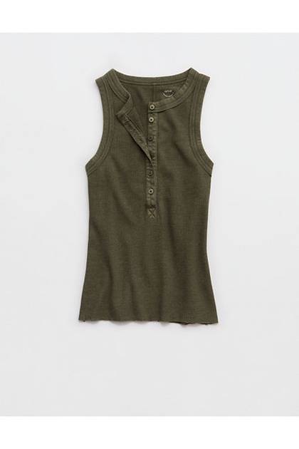 Aerie Unwind Waffle Henley Tank Top Festive Olive