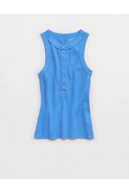 Aerie Unwind Waffle Henley Tank Top Rome Blue