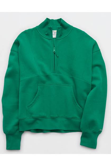 OFFLINE By Aerie Cloud Fleece Seamed Quarter Zip Sweatshirt Pine