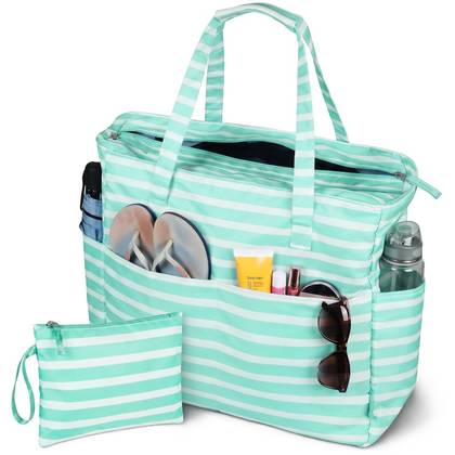 Tirrinia Women Tote Bag with Free Small Zipper Bag (Green Stripe)