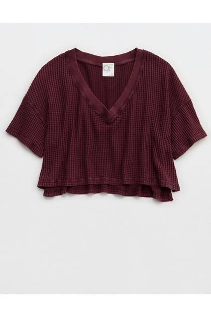 OFFLINE By Aerie Wow! Waffle V Neck Cropped Relaxed Short Sleeve T-Shirt Royal Berry