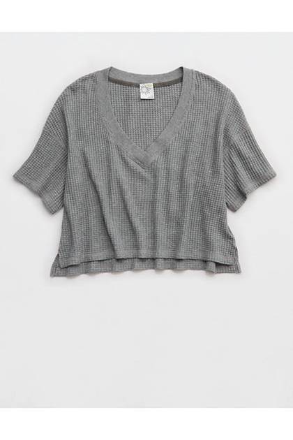 OFFLINE By Aerie Wow! Waffle V Neck Cropped Relaxed Short Sleeve T-Shirt Dark Heather Gray