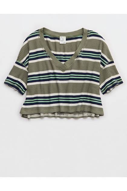 OFFLINE By Aerie Wow! Waffle V Neck Cropped Relaxed Short Sleeve T-Shirt Olive Fun