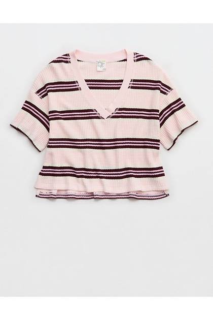 OFFLINE By Aerie Wow! Waffle V Neck Cropped Relaxed Short Sleeve T-Shirt Pink Petal