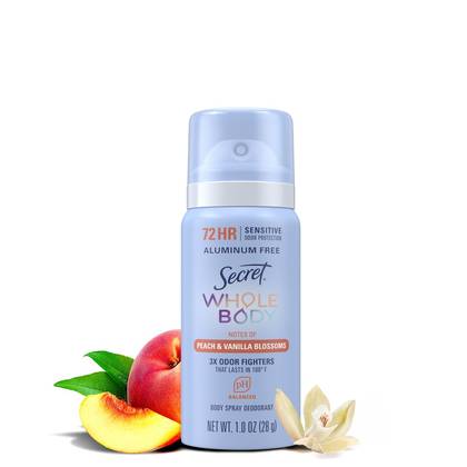 Secret Whole Body Aluminum-Free Deodorant Spray - Travel Size - Peach & Vanilla - 1oz: Paraben-Free, Sensitive Skin