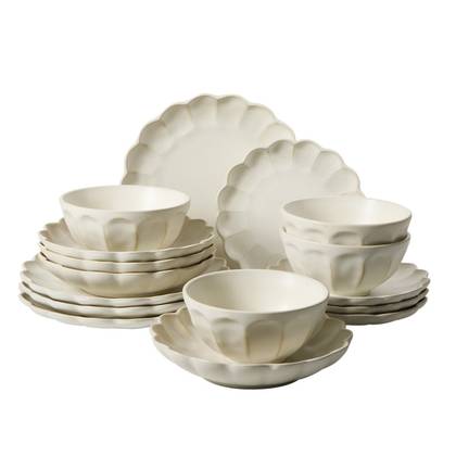 Bloomhouse - 2 Time Oprah's Favorite Things - Bloom Dinnerware Set - Scallop Embossed 16 Piece (Service for 4) Plates and Bowls Set - Jasmine White