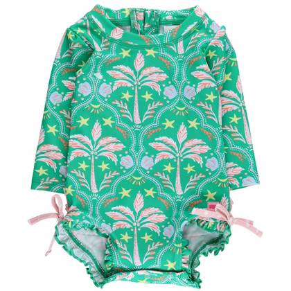 RuffleButts Baby Girls Tropical Long Sleeve UPF50+ One Piece Rash Guard - Coconut Cabana, 12-18m