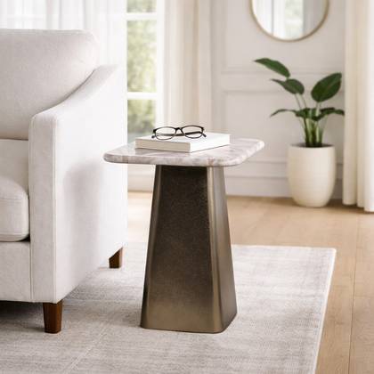Modern Square Marble End Table for Home Decor - Decorative Small Side Table Stand for Living Room Accent or Drink Table - 22", Bronze & Tan