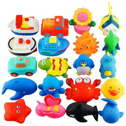 Dimple 20pc Floating Bath Toys Set, Assorted Sea Animals, Vehicles & Shapes, Squeeze-to-Spray, Ages 1+