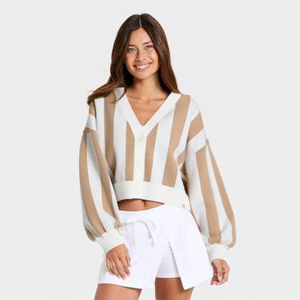 Women's Striped Western Cardigan - JoyLab™ Light Taupe XXS