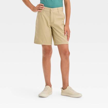 Boys' Flat Front 'At the Knee' Chino Shorts - Cat & Jack™ Beige 8 Slim: Adjustable Waistband, Side Pockets