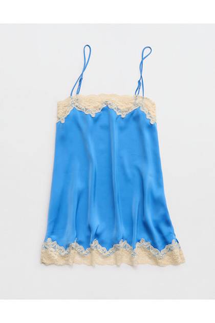 OVERSLEPT by Aerie Liquid Satin Tunic Tank Rome Blue