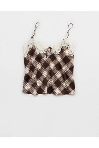 OVERSLEPT by Aerie Liquid Satin Keyhole Tank Top Deep Earth