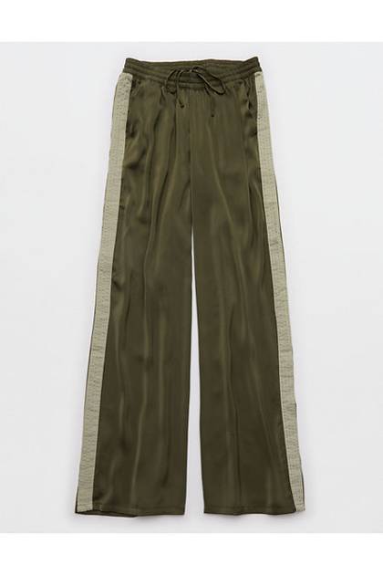 OVERSLEPT by Aerie Liquid Satin PJ Pant Festive Olive