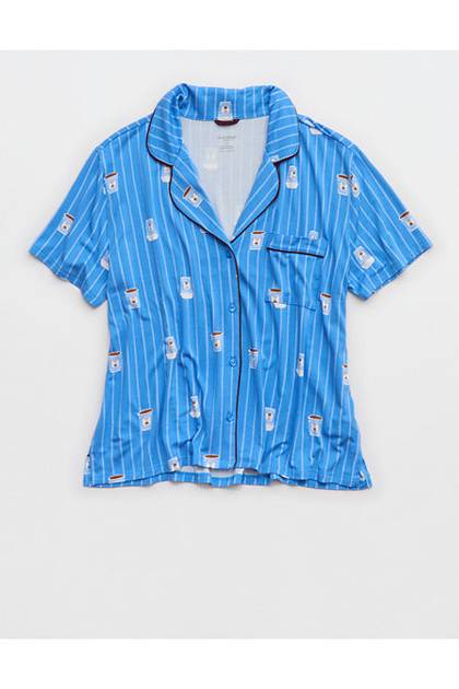 OVERSLEPT by Aerie Real Soft Short Sleeve Pajama Shirt Salty Air
