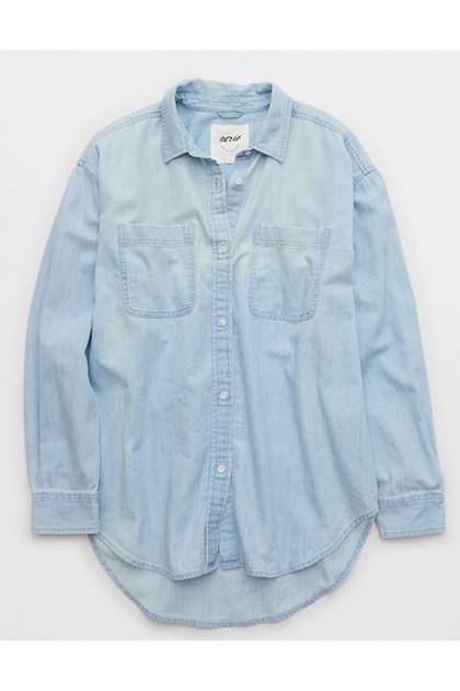 Aerie Anytime Fave Woven Shirt Light Blue