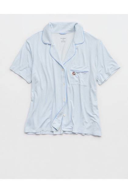 OVERSLEPT by Aerie Real Soft® Short Sleeve Pajama Shirt Cloudy Blue