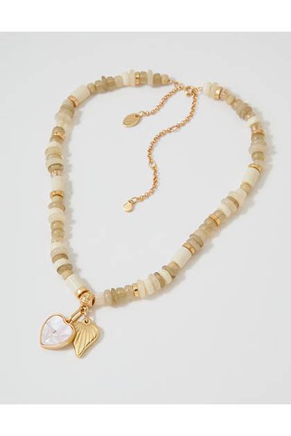 Aerie Chunky Beaded Charm Necklace Natural
