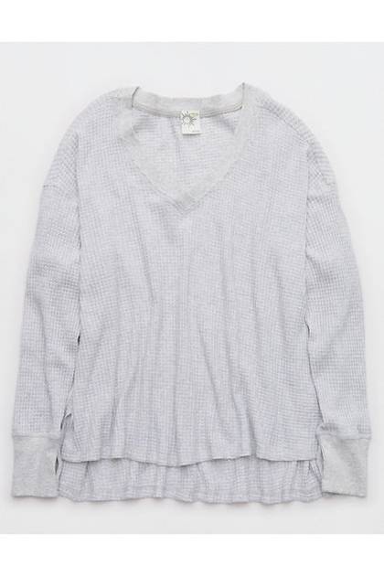 OFFLINE By Aerie Wow! Waffle Long Sleeve V Neck T-Shirt Light Heather Gray
