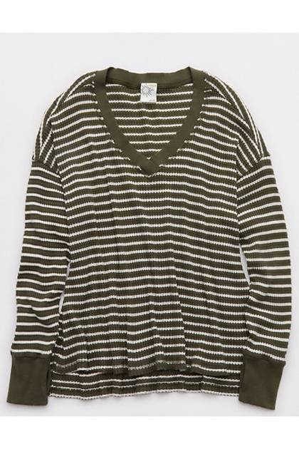 OFFLINE By Aerie Wow! Waffle Long Sleeve V Neck T-Shirt Festive Olive
