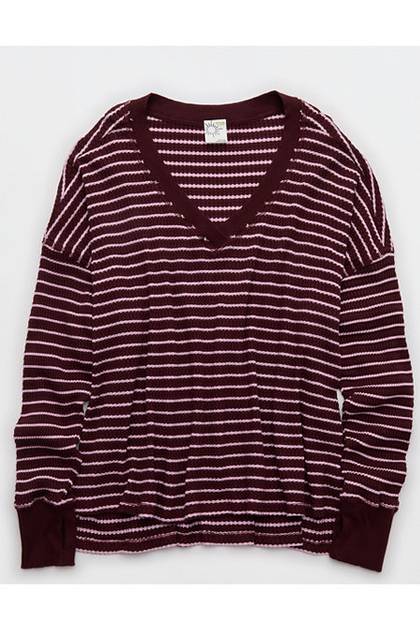 OFFLINE By Aerie Wow! Waffle Long Sleeve V Neck T-Shirt Royal Berry
