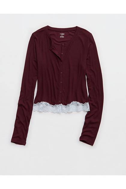 OVERSLEPT by Aerie Real Soft Ribbed Cardigan Royal Berry