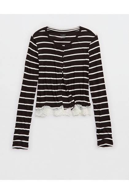 OVERSLEPT by Aerie Real Soft Ribbed Cardigan Deep Earth