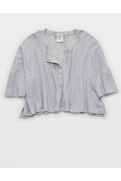 OFFLINE By Aerie Wow! Waffle Cropped Henley Short Sleeve T-Shirt Medium Heather Gray