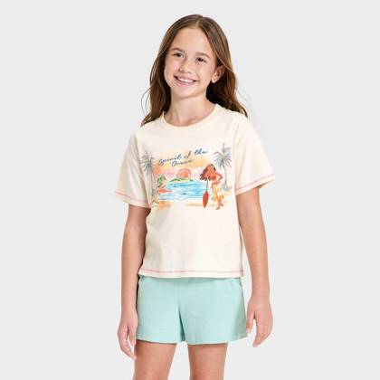 Girls' Disney Moana "Spirit of the Ocean" Boxy Short Sleeve Graphic T-Shirt - Off-White XL
