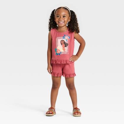 Toddler Girls' 2pc Disney Moana Ruffle Gauze Tank and Shorts Set - Mauve 2T