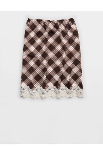 OVERSLEPT by Aerie Liquid Satin Slip Skirt Deep Earth