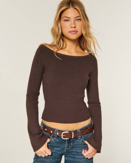 Slash-Neck Bell Sleeve Sweater