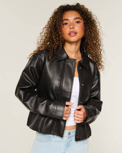 Faux Leather Bubble Bomber Jacket