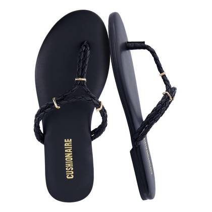 CUSHIONAIRE Trio Flip Flops for Women, Comfortable Beach Sandals with Braided Thong Strap, Memory Foam Footbed, BLACK 6