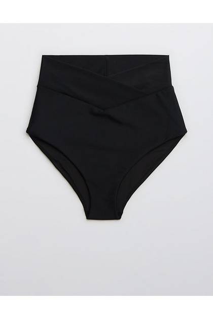 Aerie High Rise Full Coverage Crossover Bikini Bottom True Black