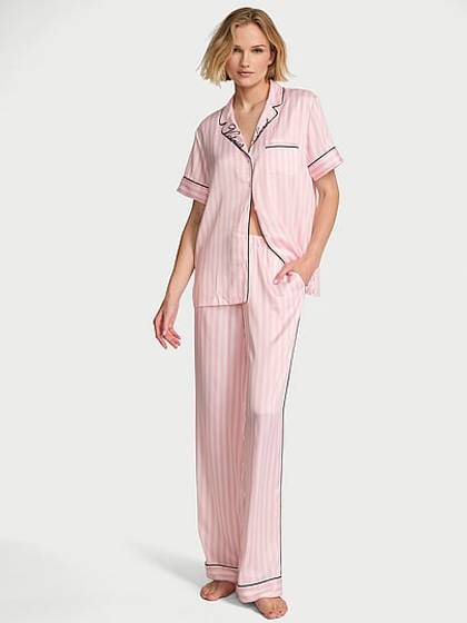 Signature Satin Short-Sleeve Long Pajama Set