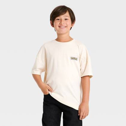 Boys' Pokemon Short Sleeve Oversized Drop Shoulder Front and Back Graphic T-Shirt - Tan S