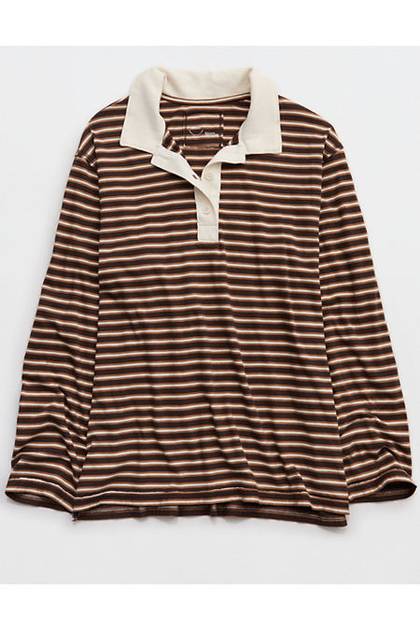 Aerie Cozy Polo Boyfriend T-Shirt Deep Earth