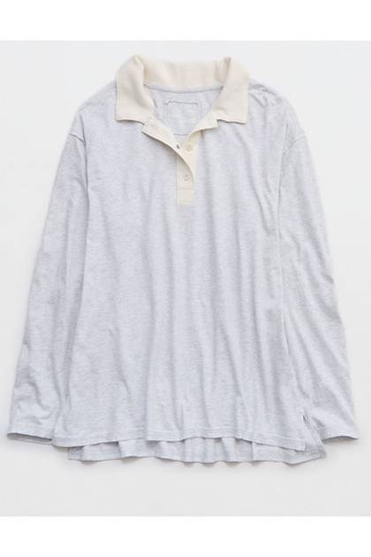 Aerie Cozy Polo Boyfriend T-Shirt Light Heather Gray