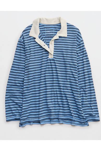 Aerie Cozy Polo Boyfriend T-Shirt Horizon Sky