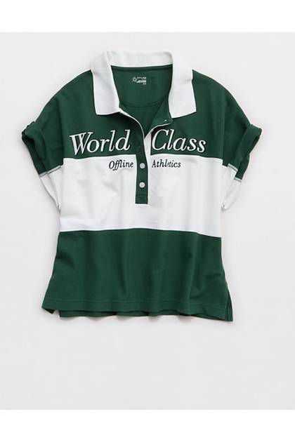 OFFLINE By Aerie Pique Rugby Polo T-Shirt Rugged Green