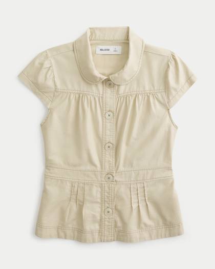 Short Sleeve Twill Peter Pan Collar Shirt